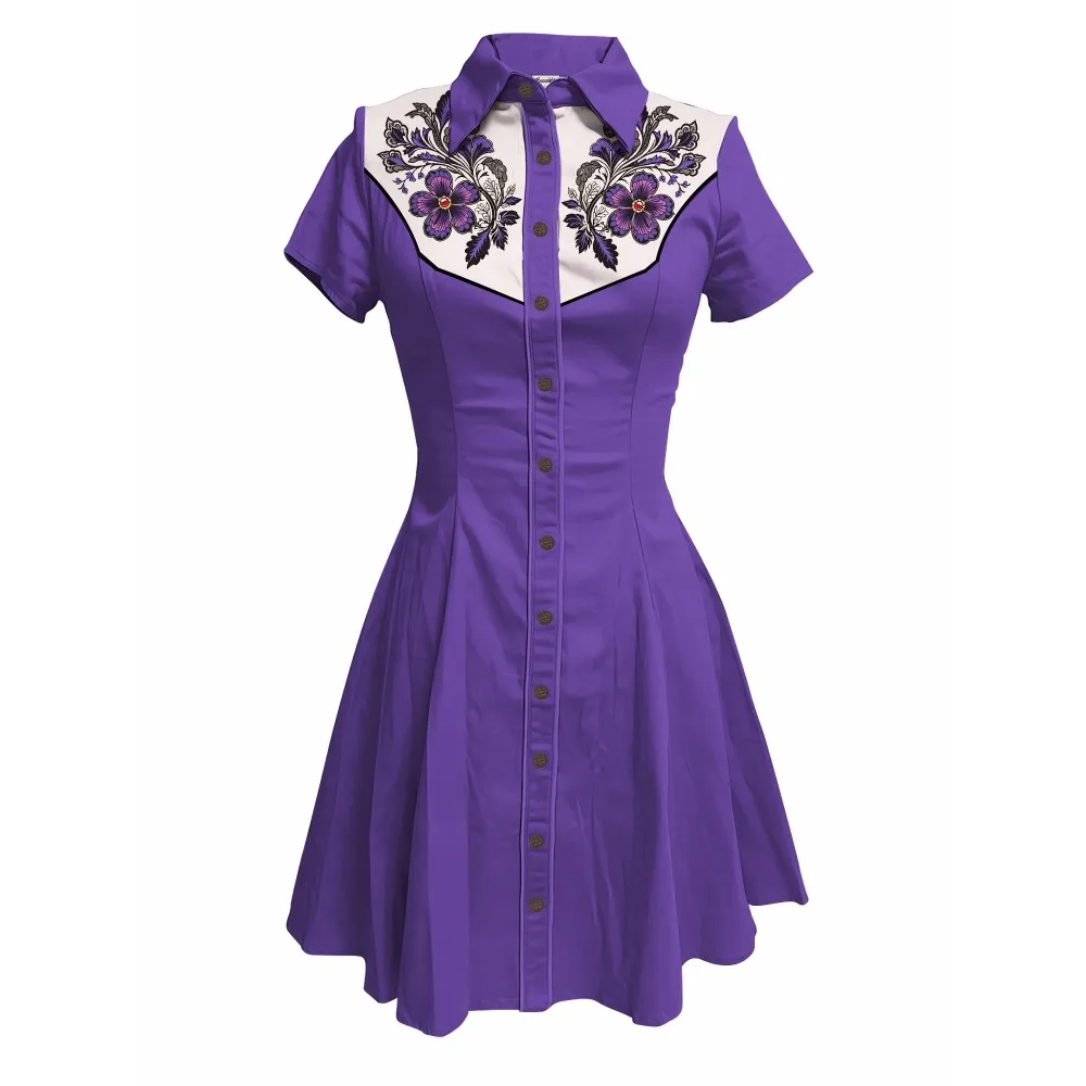 Fioletowe kwiaty z nadrukiem Western Cowboy Dress Women Button-down Dress Short Sleeves 100% Cotton Dress Summer Ins Style Streetwear