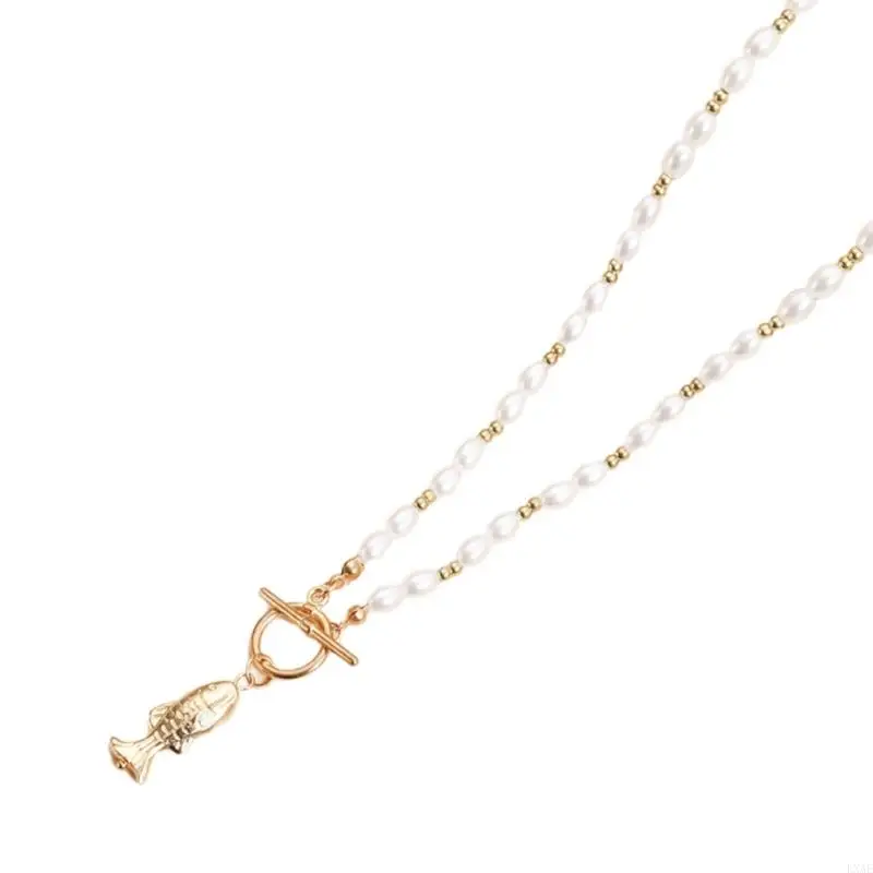  Creative Fish Shaped Pendant Necklace Imitation Pearls Beads Lightweight Design