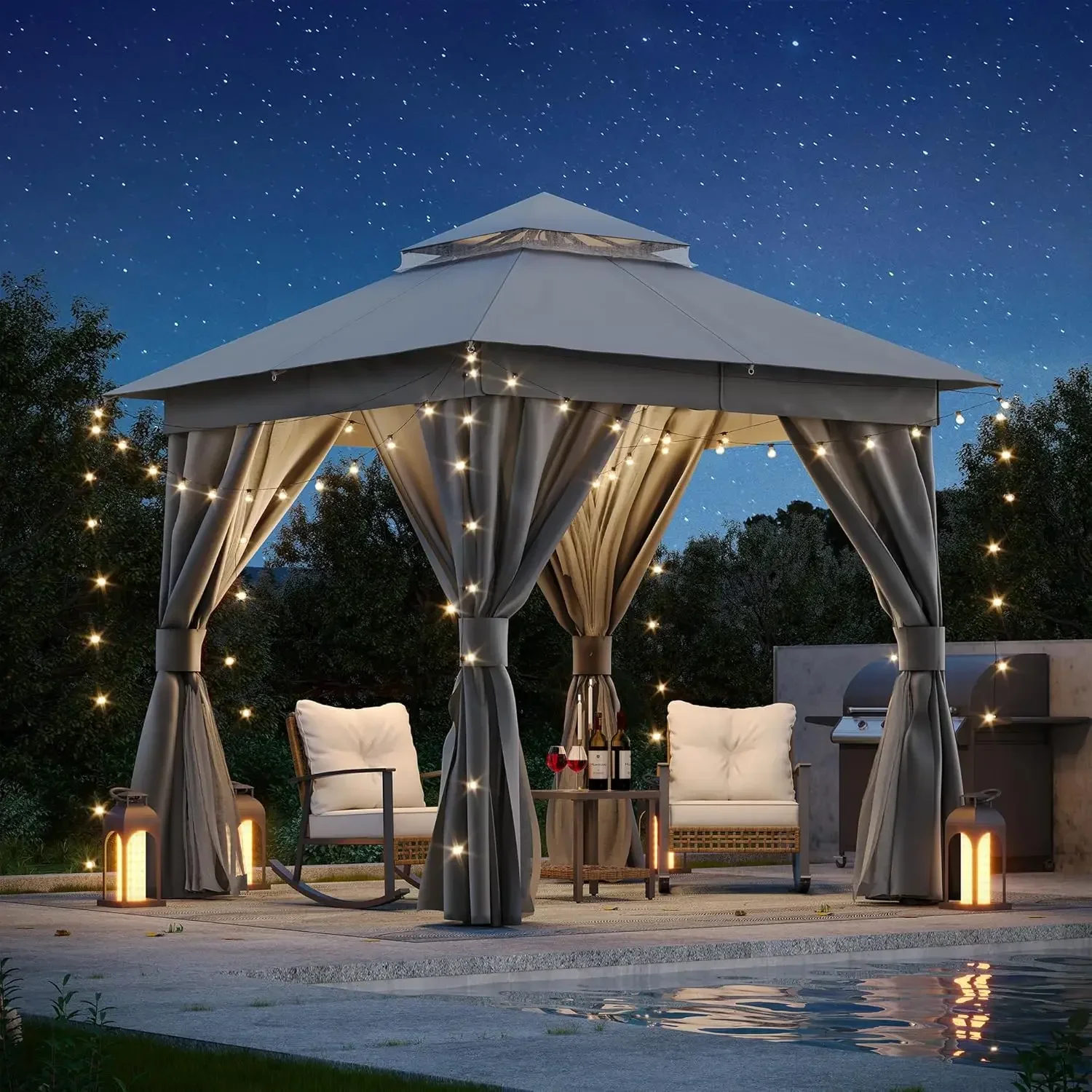 Outdoor Patio Gazebo 8'x8' with Expansion Bolts, Heavy Duty Gazebos Shelter Party Tent with Double Roofs, Mosquito Nettings