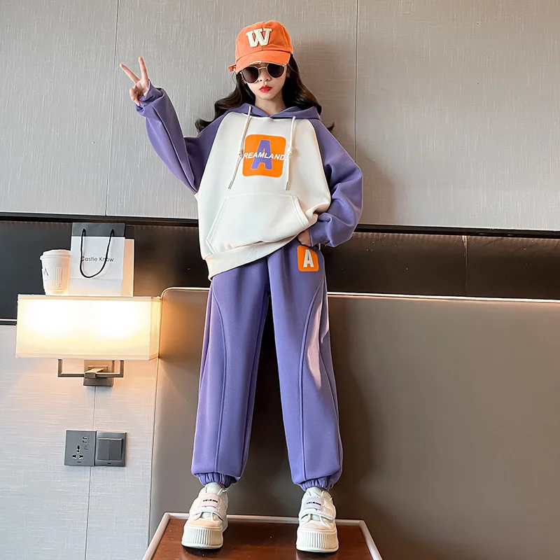 

Korean Autumn Winter Junior Girl Sports Suit Teenager Girl Hooded Contrast Sweatshirts+Sport Pants Child Workout Sets 4-12Years