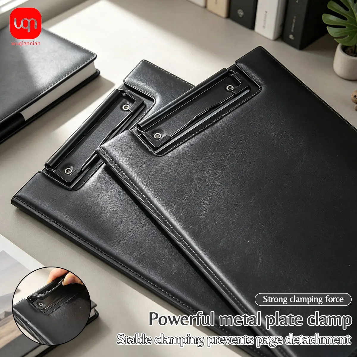 Wqn - Simple Black Leather Flip Folder, With Built-in Storage Pockets, Strong Metal Clip, Can hold A4 papers and notebooks, suit