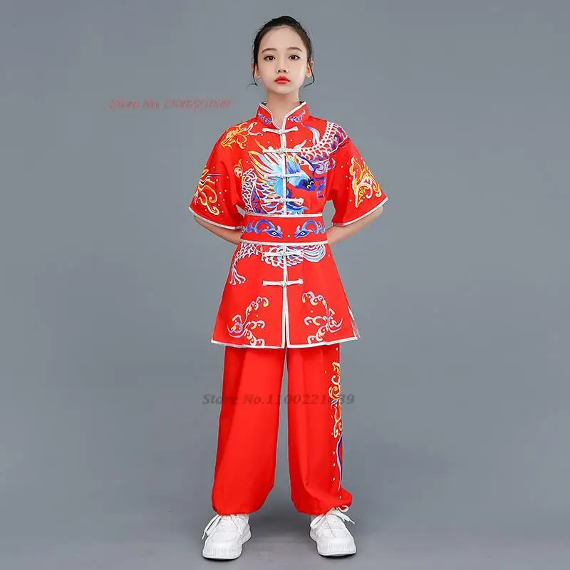 2024 chinese children traditional tai chi wushu kung fu martial arts set vintage performance suit dragon print kung fu suit