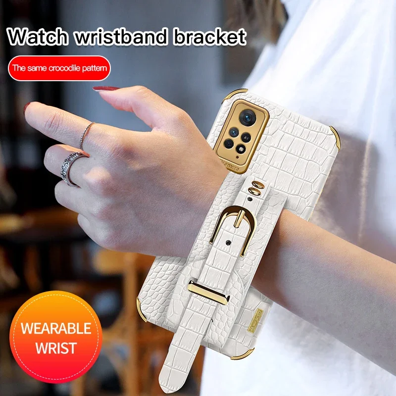 

Crocodile Leather Phone Case Wrist Strap For Redmi Note 11S 11T 11 Pro Plus 4G 5G With Wristband Holder Stand Soft Cover Cases