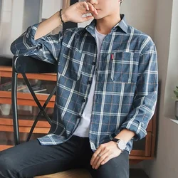 Shirts and Blouses for Men with Pocket Clothing Plaid Man Tops Red Cargo Geometric Sleeves S Collar Korean Style Xxl Hipster I