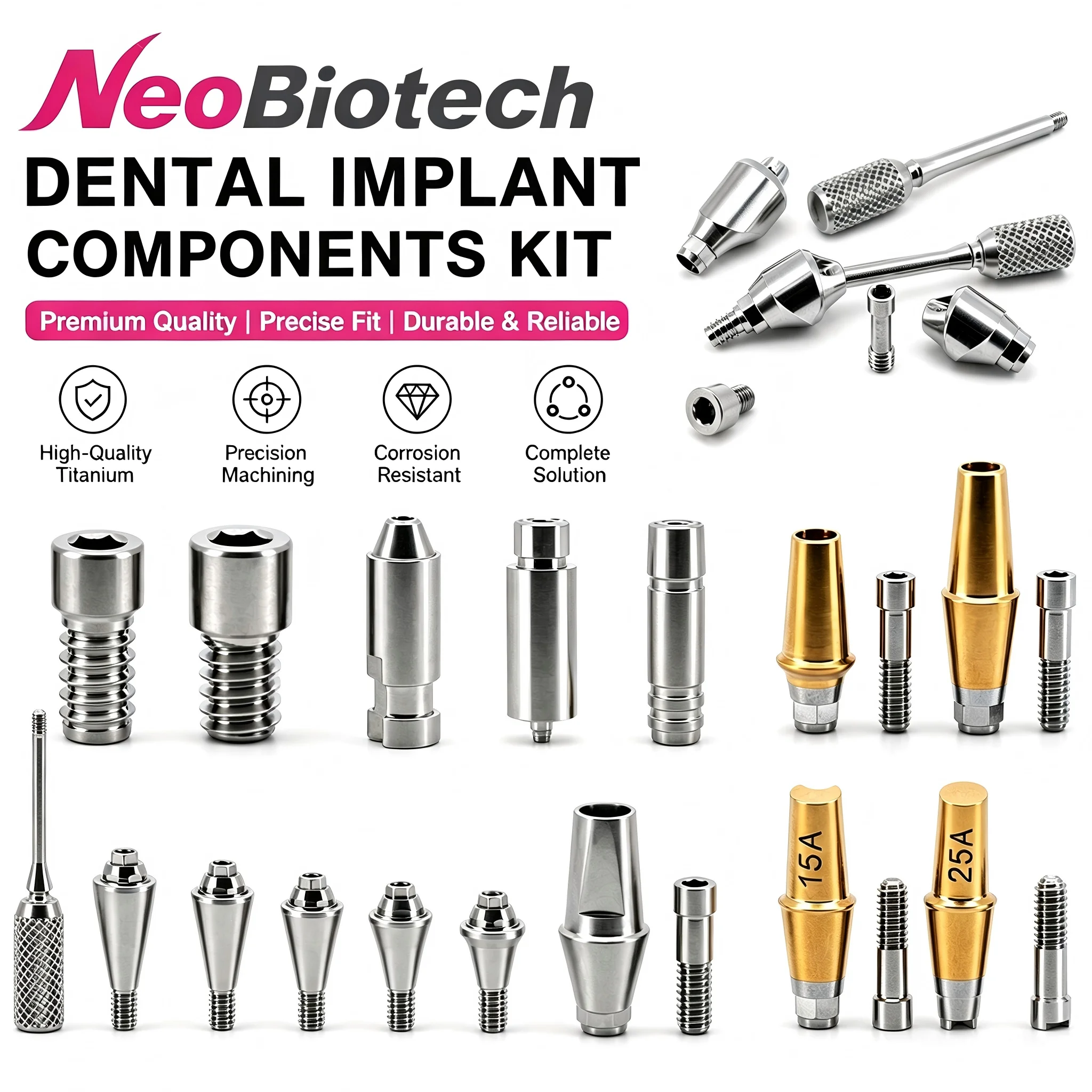 Совместимый комплект мультиюнит-абатментов NeoBiotech, прямой/угловой, абатмент для заживления, защитный колпачок и набор винтов