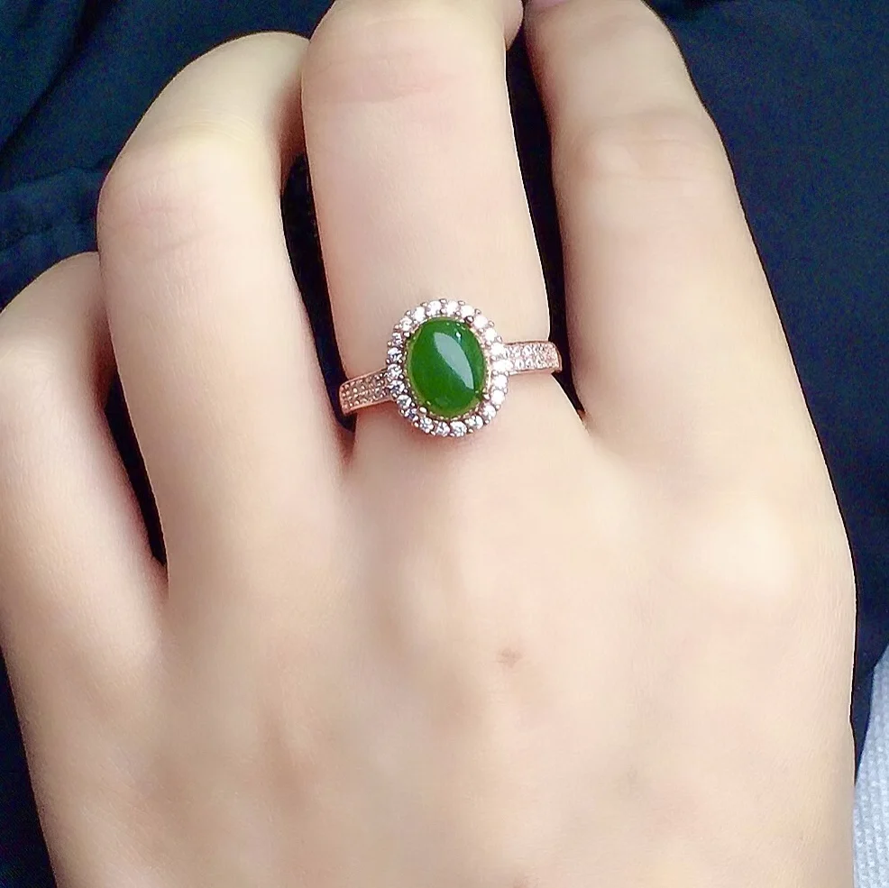 

Elegant 925 Silver Jade Ring for Party 7mm*9mm 100% Natural Green Jade Silver Ring Sterling Silver Jade Jewelry