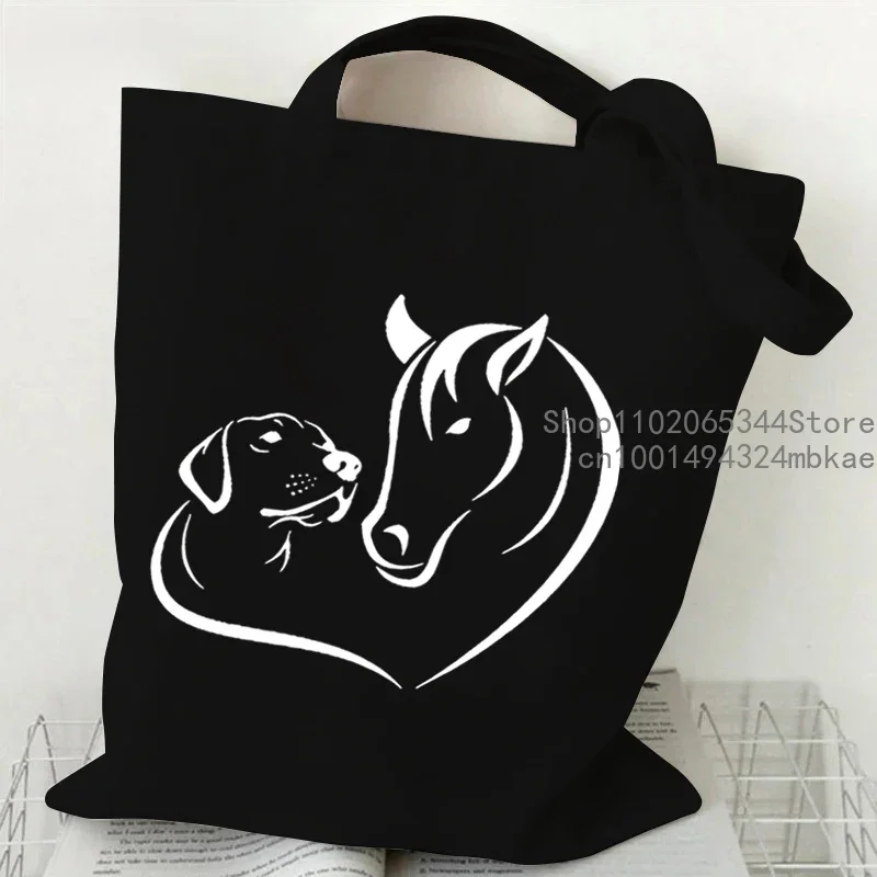 Horses and Dog Heart Graphics Fashion Tote Handbags for Women Large Capacity Harajuku Animal Horses Lover Travel Shoulder Bag