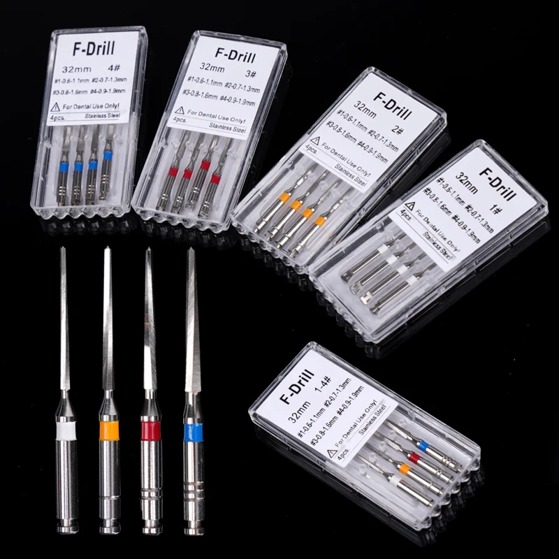 4pcs/box Dental Fiber Post Drills Dental Instruments Root Canal Opening Drills 32mm F Drills For Implant Stainless Steel Drills