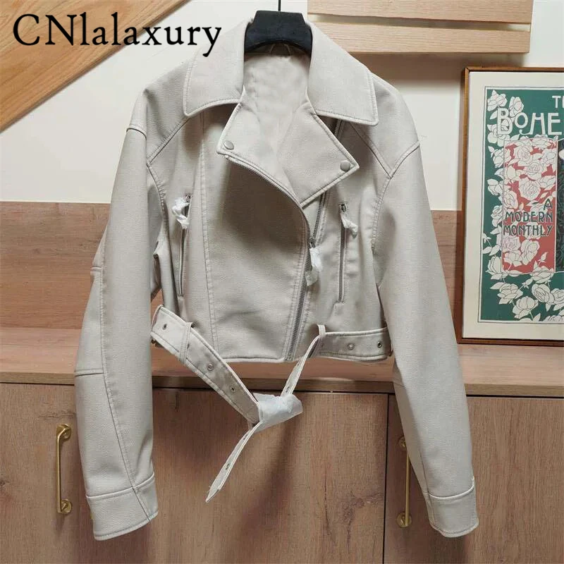 New Coal graysty le Women\'s washed leather jacket belt short coat zipper vintage jacket  chaquetas leather bike jacket women