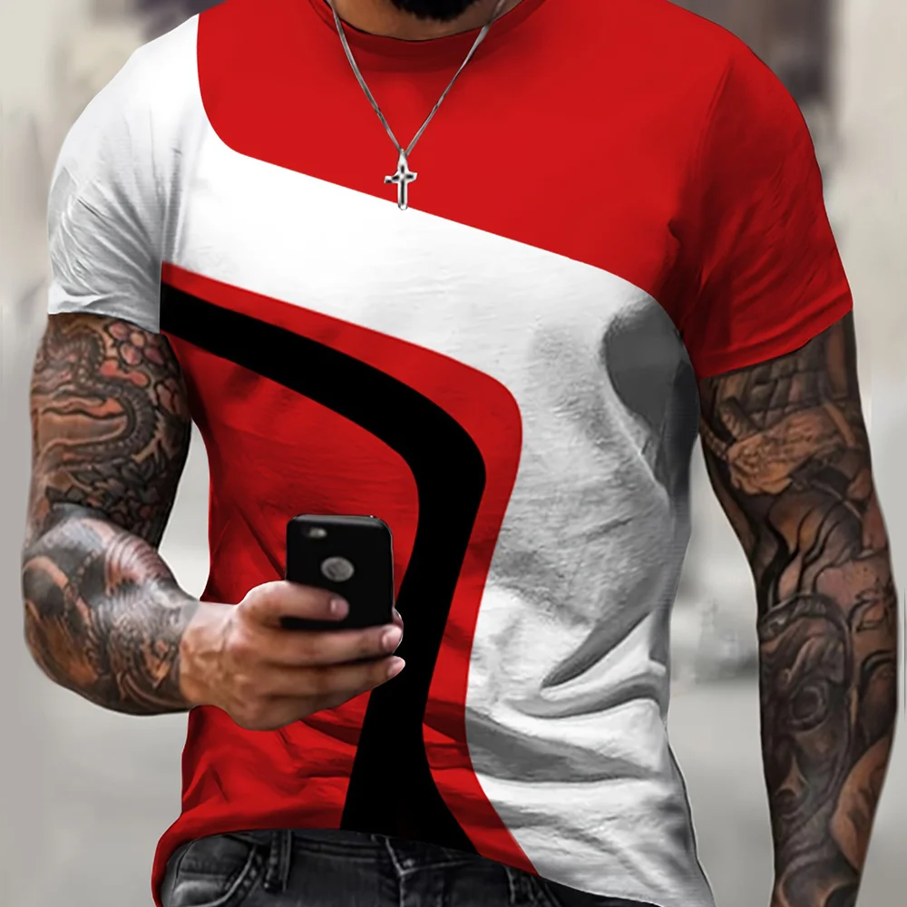 Casual T-shirt For Men Color Blocked 3D Printed Crew Neck Short Sleeve Tee Oversized Men Clothing Tops Outdoor Streetwear Summer