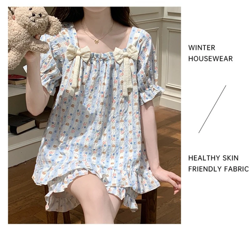 Large Size Summer Cloud Cotton Pajamas Korean Students Pjs Floral Home Clothes with Chest Pad Can Be Worn Outside Loungewear