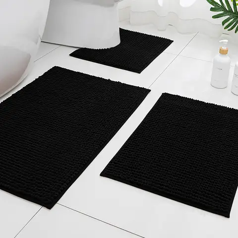 Kadife Şönil Banyo Halı Seti 3 Parça Su Geçirmez, Kaymaz, Ultra Yumuşak Banyo Paspası, Makinede Yıkanabilir ve Kuru Tuvalet Zemin Paspası