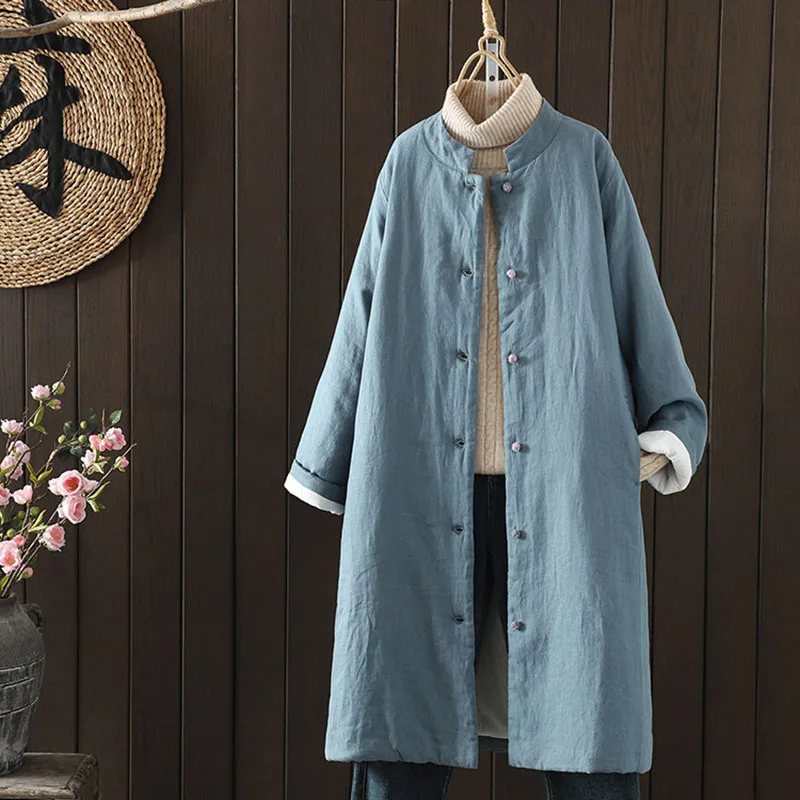 

Утепленная куртка 2026: Новая женская однотонная зимняя куртка из хлопка и льна с хлопковым воротником, удлиненная модель