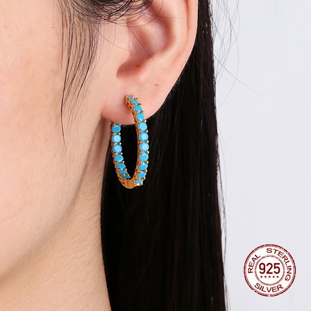 Solid Silver 30MM Hoop Earring Pave 3mm Turquoise Natural Stone 925 Sterling Silver Circle Round Earrings Fine Jewelry