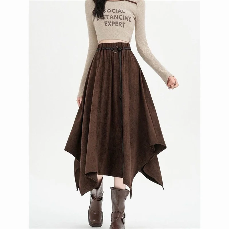 

Brown Black Fashion Lrregular Design Deerskin Velvet Skirt Women 2025 New High-Waisted Skirts Falling Feeling Elastic Waist