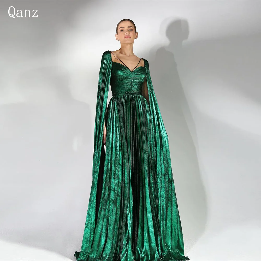 Qanz Emerald Green Gracefull Evening Dresses Long A Line Robes De Soirée Cap Sleeves Vestidos De Noche Para Mujer Customized