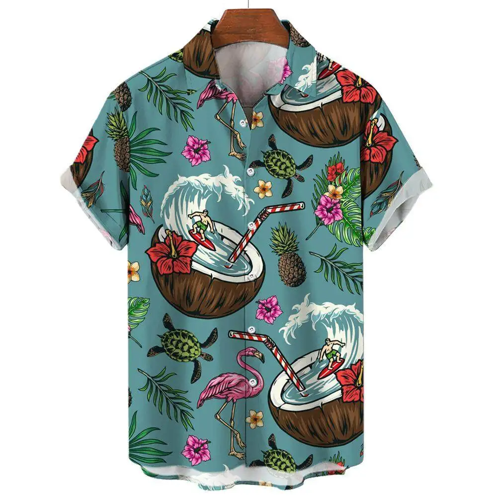 Summer Fashion Men\'s Short Sleeve Shirt Hawaiian Coconut Tree Print Street Casual Seaside Vacation Oversized Men\'s Shirt Tops