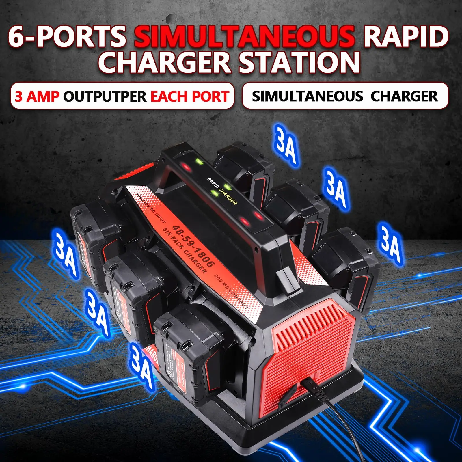

6-Ports Super Simultaneous battery Charger for Milwaukee M18 Battery Compatible with Milwaukee 14.4V- 18V Li-Ion Battery Tools