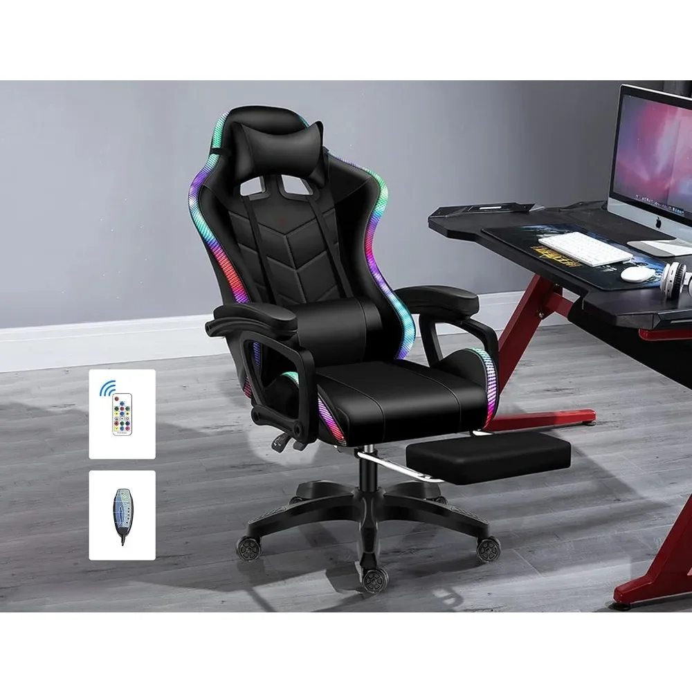 

Gaming Chair with LED Lights & Speakers, Game Chair with Massage, Lumbar Support and Headrest, Adjustable Height, Computer Chair