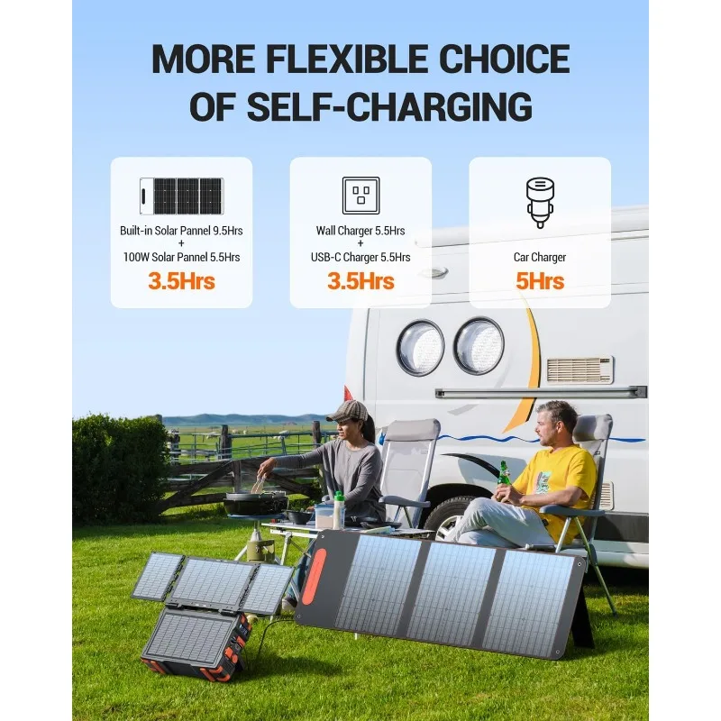 Portable Power Station with Hidden Folding Solar Panel, Self-charge & Pass-through Charging, 284Wh Battery Backup, AC 300