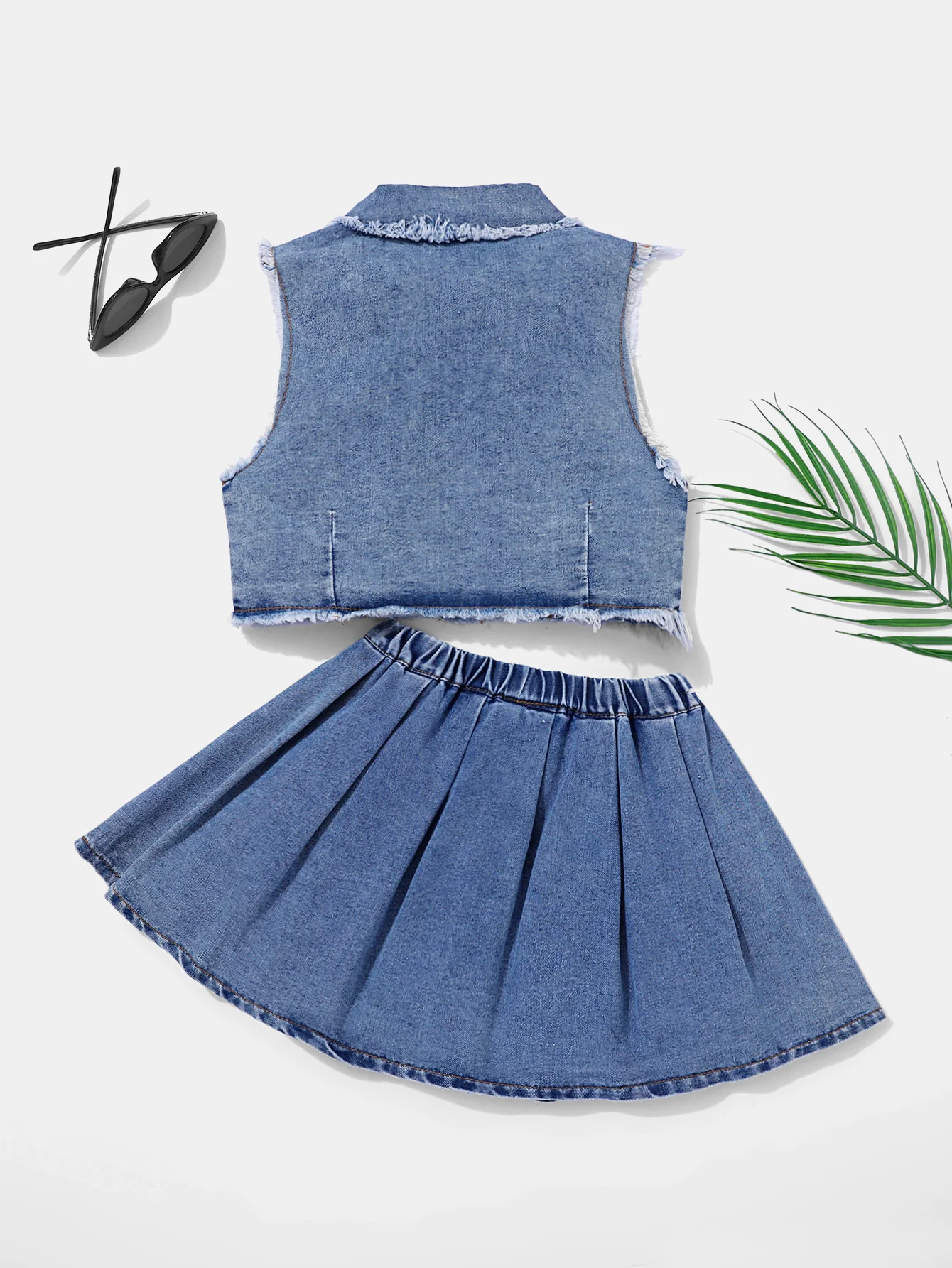 Girls\'denim two-piece summer sleeveless top+pleated denim skirt sleeve collar fur edge pocket waist elastic denim blue