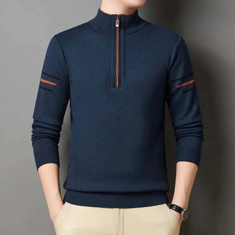 

​ Мужской свитер на молнии в контрастную полоску — осенне-зимний повседневный стиль ​ Повседневная одежда Soft Touch / Уличный стиль
