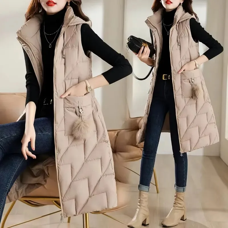2024 New Women Winter Long Down Cotton Vest Jacket Sleeveless Hooded High-Quality Thick Warm Parkas Female Waistcoat Outwear