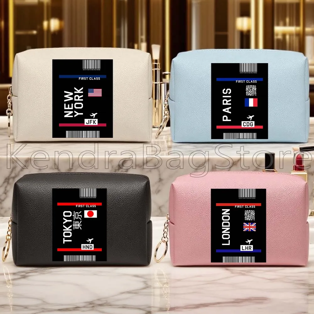 

Cute Flight Ticket Paris New York Tokyo Milan London PU Leather Travel Cosmetic Bag Women Makeup Case Waterproof Toiletry Bags