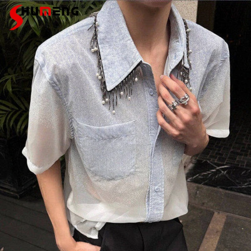 

Men's 2025 Summer New Gradient Color Pocket Decoration Tassels Tops Mesh Gauze Beaded Short-sleeve Shirts Men's Fashion Shirt
