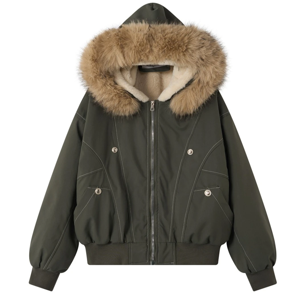 

Женские парки, пальто, короткие однотонные куртки с карманами на молнии, капюшоном, большим меховым воротником, длинным рукавом, толстые свободные посадки, повседневные, осень-зима 2023 г.