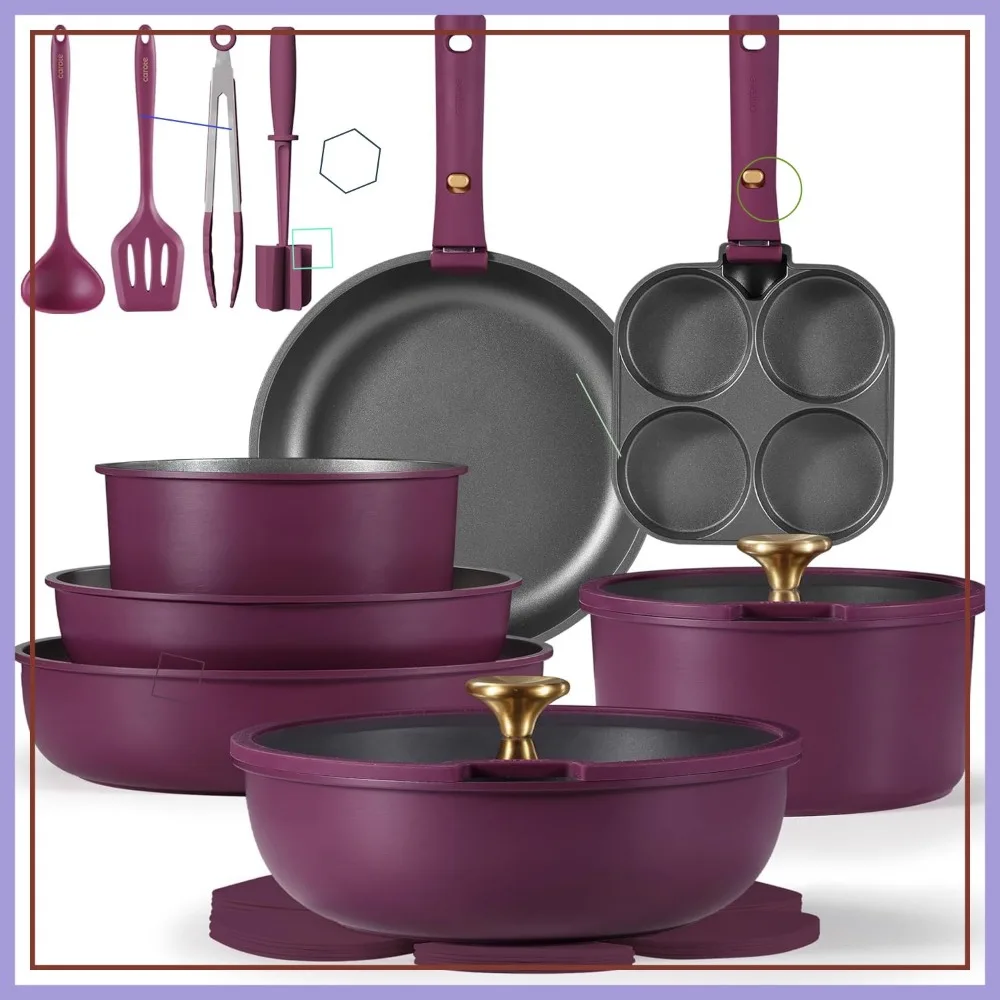 

21-Piece Detachable Handle Cookware Set, Nonstick Induction Pots and Pans with Removable Handles, Gold Purple Kitchenware