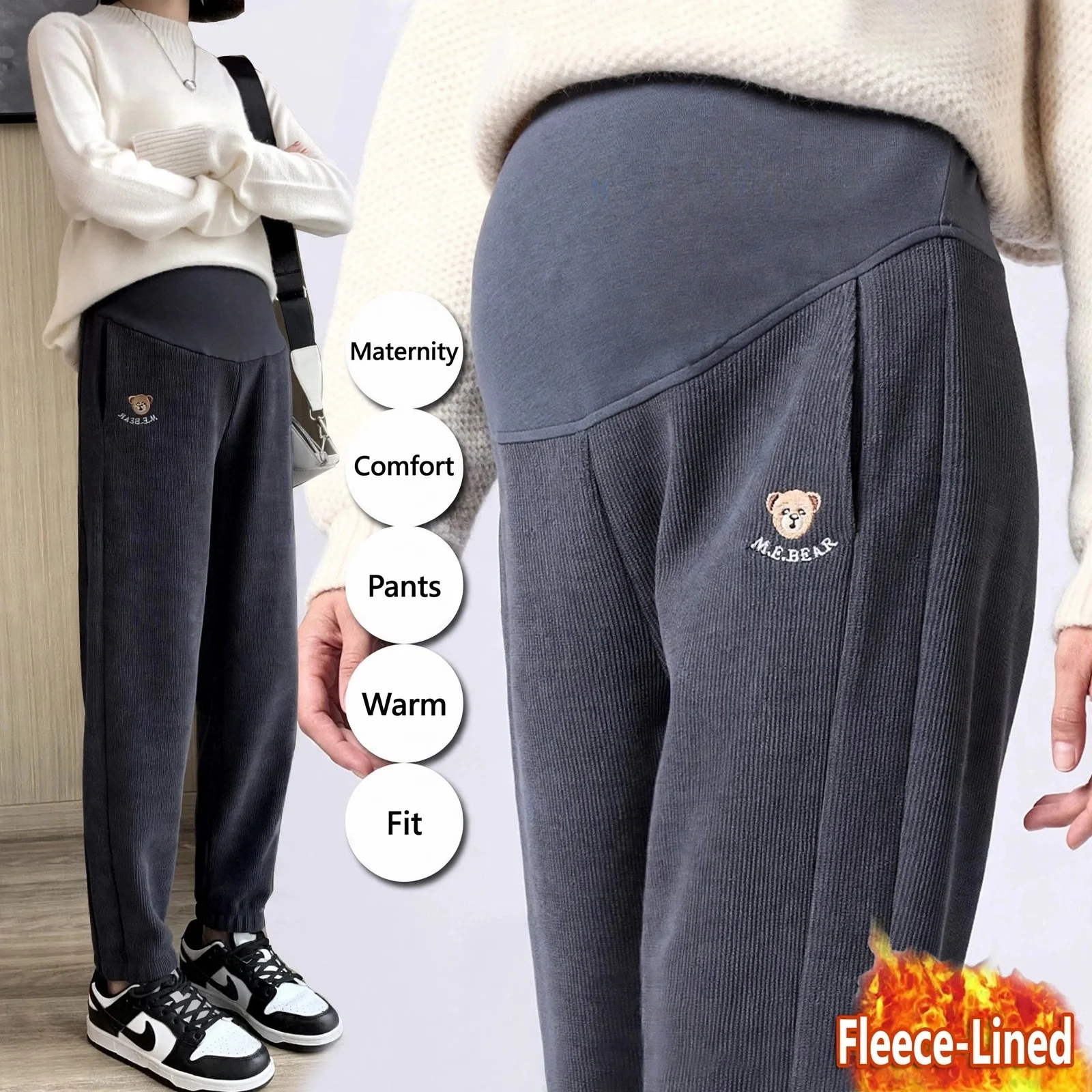 Maternity Pants Fleece Thickened Warm Belly Support Sports Casual Lantern Sweatpants Pregnant Women Autumn Winter Spring Daily