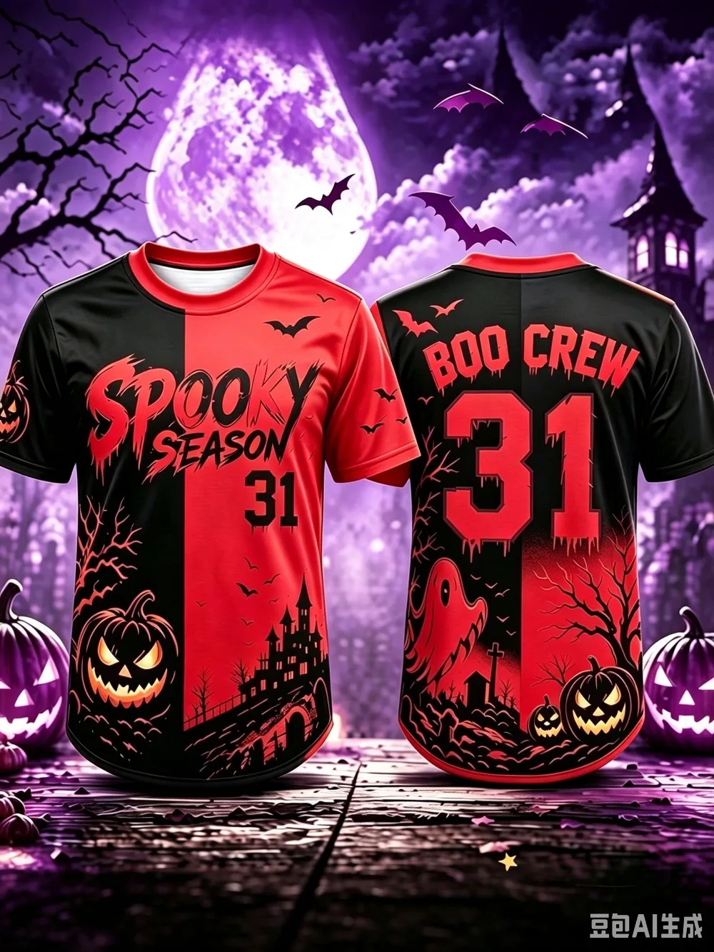 Red Black Split Halloween 3D Printed Jersey Spooky Season Boo‑Crew 31 T-shirt  Pumpkin Ghost Bat Gothic Fall Party Sports Tees