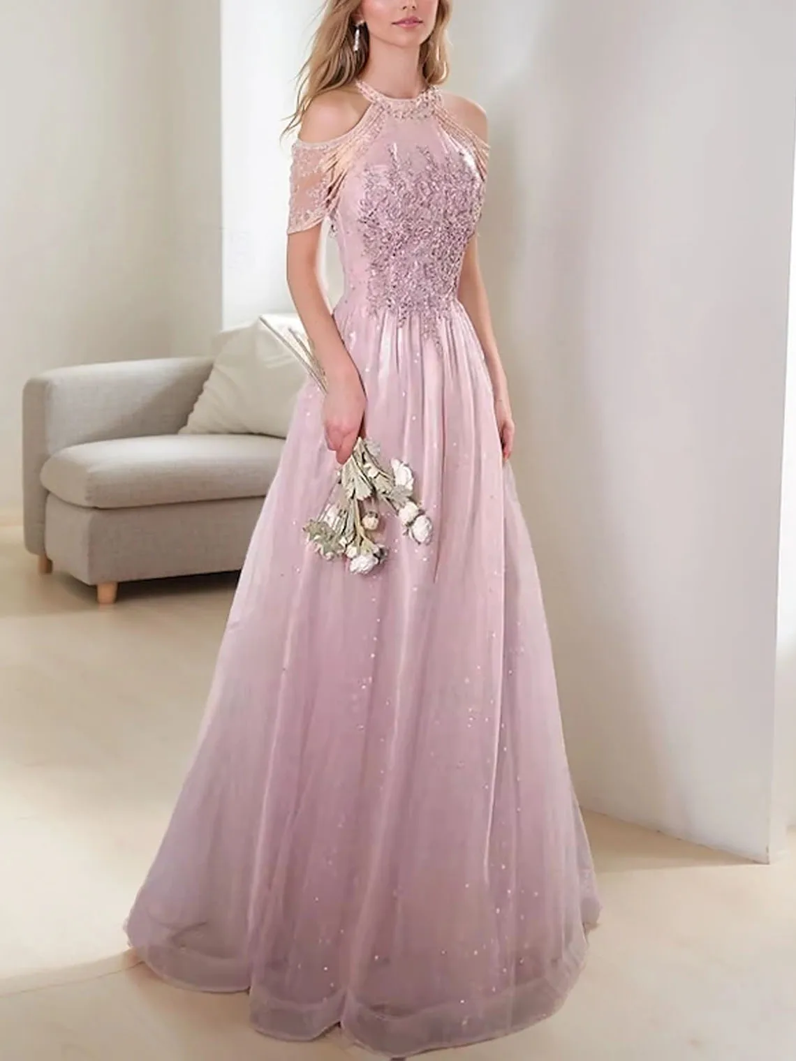 

Sweet Luxury A-line Evening Dress Floor Length Halter Neck Sleeveless Sequins Appliques Wedding Guest Dress 2025 free customized