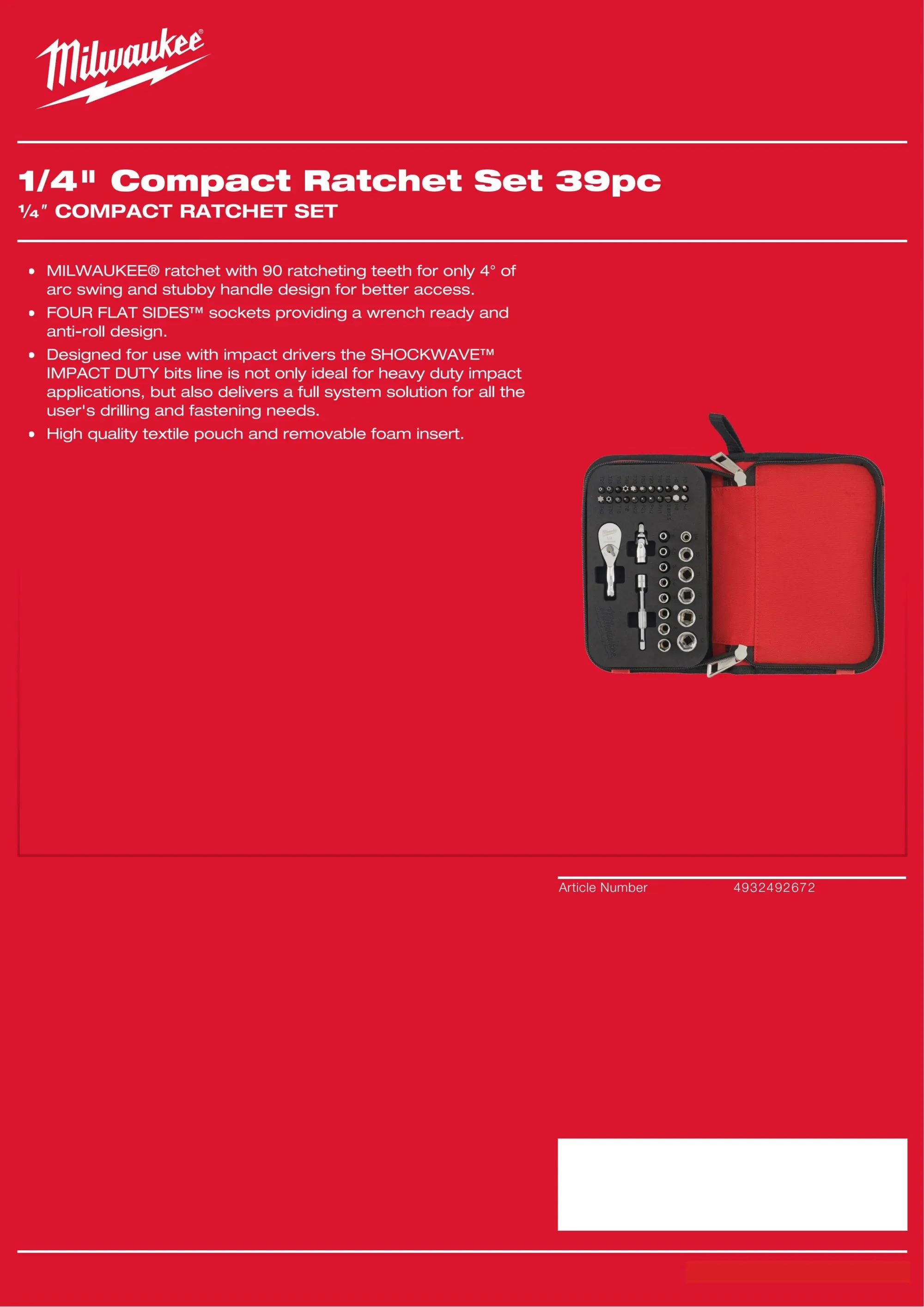 Milwaukee 4932492672 1/4" compacte ratelset 39-delig inclusief opbergtas handgereedschap