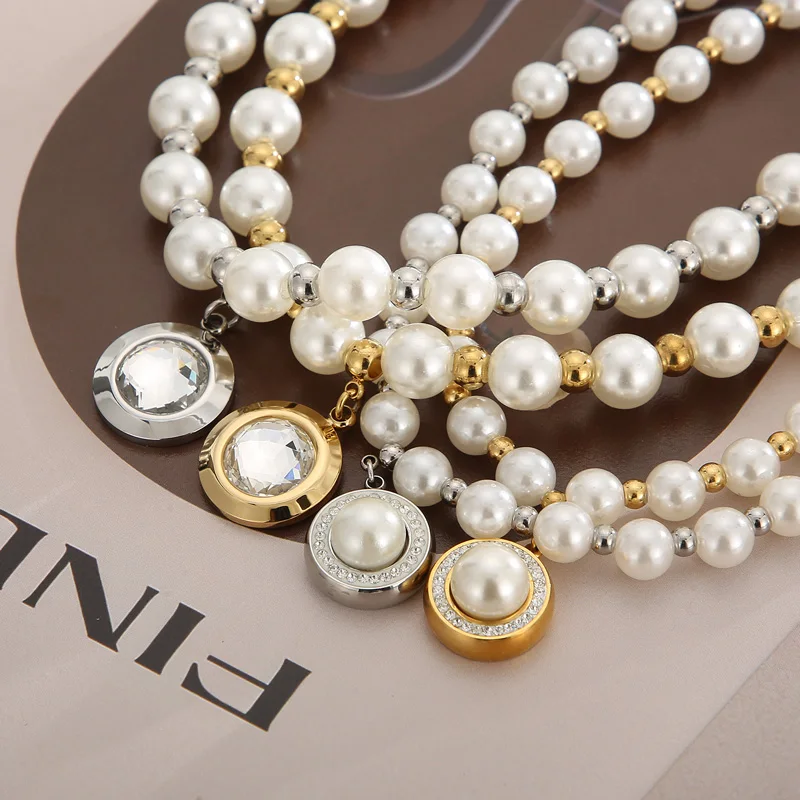 New Plastic Pearl Beads Necklace For Women Stainless Steel Crystal Glass Rhinestone Pendant Clavicle Neck Choker Wedding Jewelry