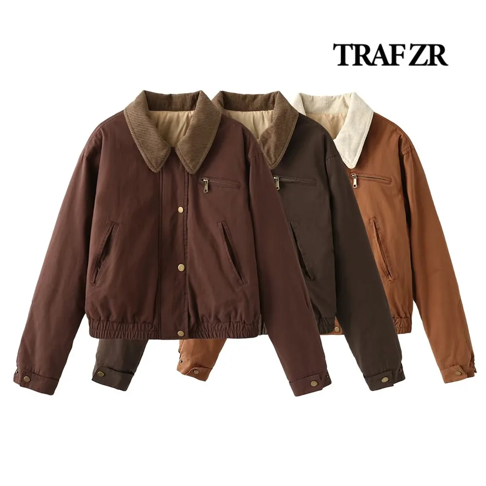 

TRAF ZR Casual Lady Jackets Cozy Long Cuffed Sleeve with Tab Coats Elastic Waist Hem High Street Outerwears Front Welt Pockets