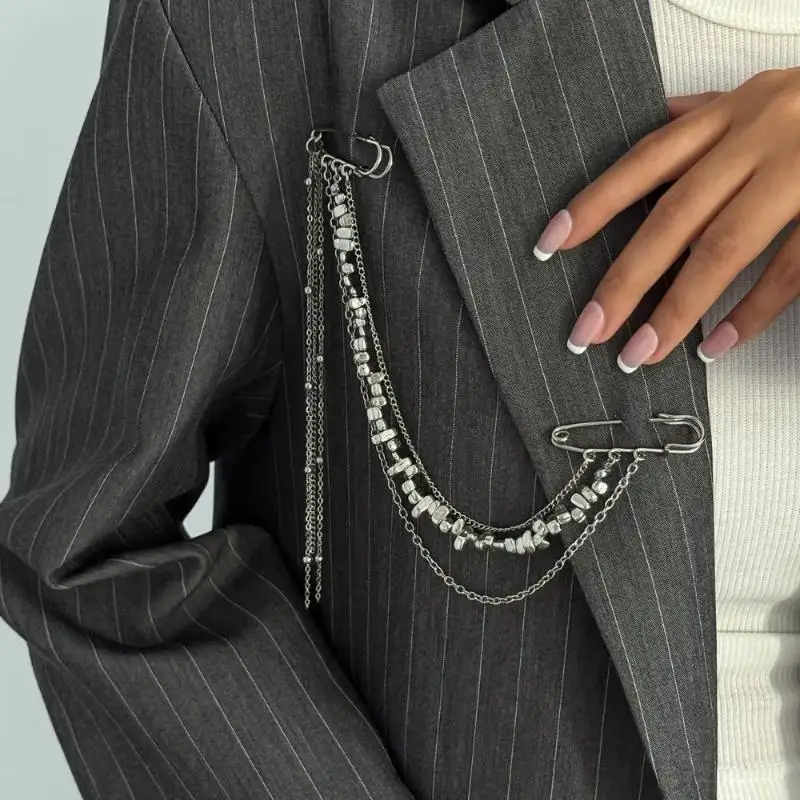1Pcs Punk Fashion Jewelry Hip-hop Personality Stars Pendant Multi-layer Tassel Chain Double Pins Brooches For Men Women
