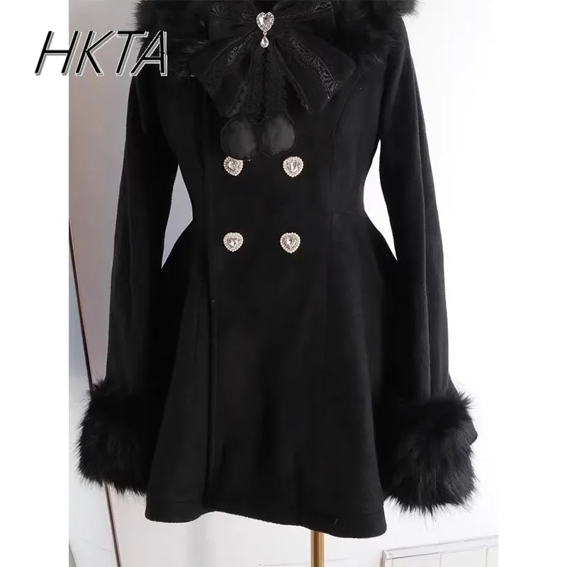 Christmas New Year's Black Cashmere Coat Japanese Mine Bow Fur Collar Woolen Coat Winter New Bow Slim-fitting Black Wool Coats