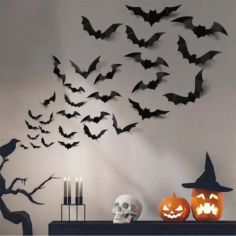 2026 3D Black PVC Bat Wall Stickers Halloween Atmosphere Decor DIY Bat Decals Kids Room Home Festival Wallpaper Ornament Supply