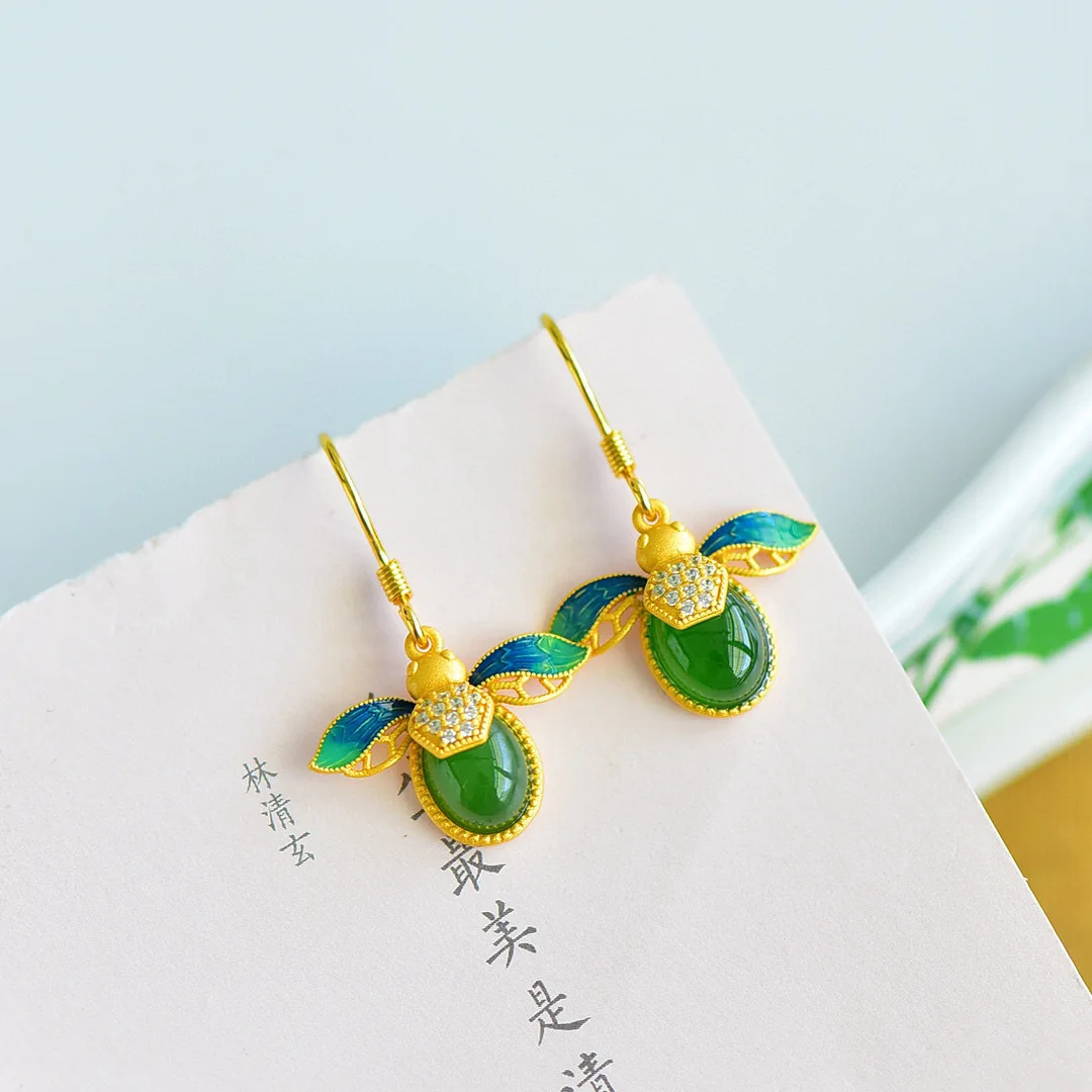 S925 sterling silver stud earrings little bee earrings women's natural jasper earrings enamel scene earrings