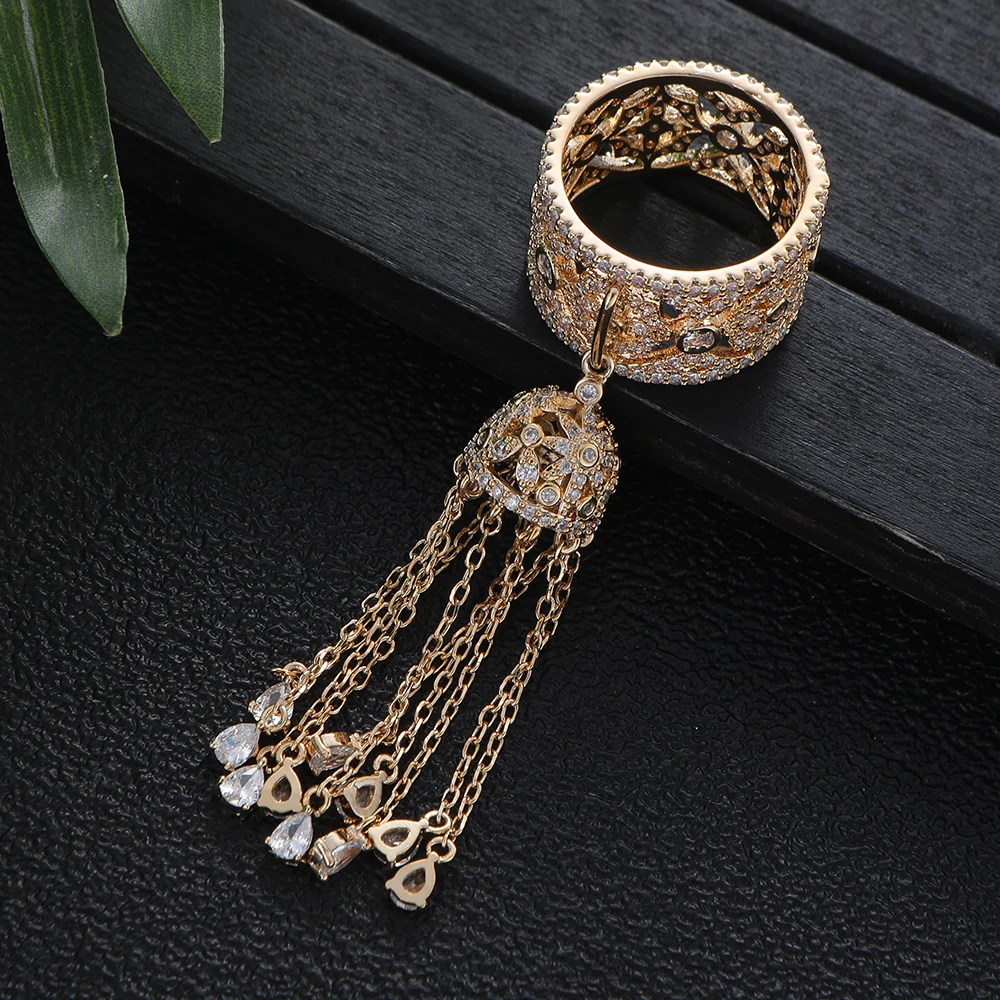 

Trendy Twist Tassels Statement Rings for Women Cubic Zircon Finger Rings Beads Charm Ring Bohemian Beach Jewelry J2184