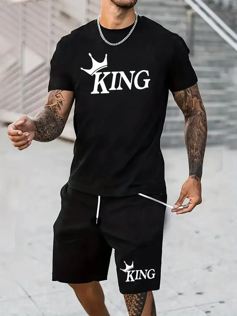 Summer men\'s short sleeved set, casual street clothing, two-piece T-shirt+shorts fashion men\'s clothing, US sizes clothes