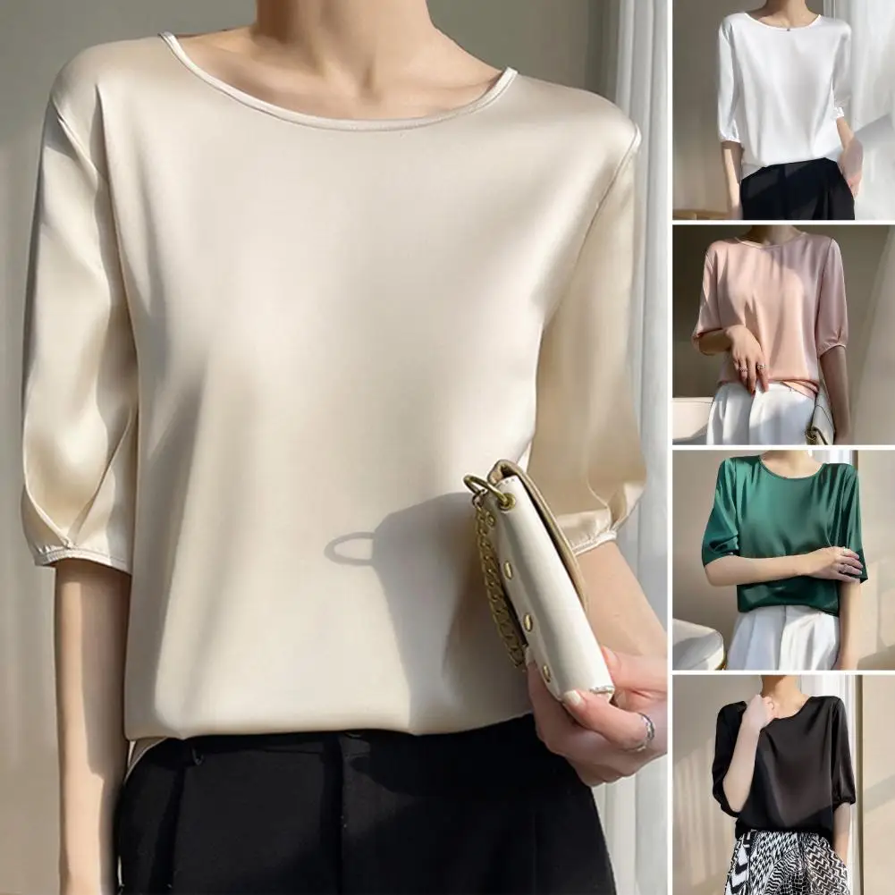 2024 Summer Woman Loose Silk Blouse Elegant T-shirt Simple Satin Office Smooth Glossy Surface Tops Round Neck Casual Clothing