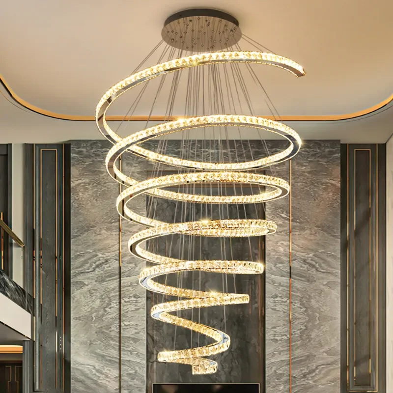 Large Crystal Chandelier for Villa Living Room High Loft Duplex Hollow Rotating Staircase Long Pendant Light Luxury Home
