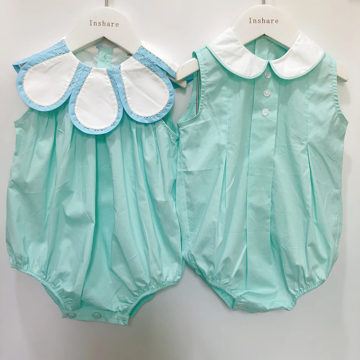 Children Boutique Clothing Baby Girl Sleeveless Cotton Bubble Green Hand Splicing Flower Collar Cute Sibling Outfit