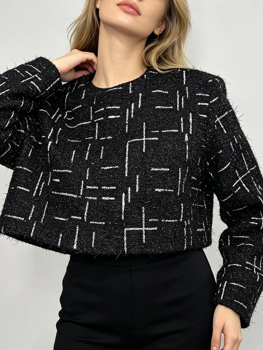 TWOTWINSTYLE Chic Premium Grid Tweed Bodysuit for Women Round Collar Shoulder Pud Long Sleeve Bodysuits for Formal Office Style