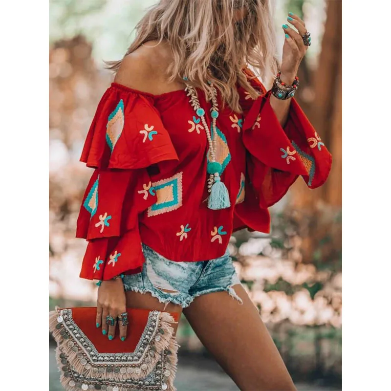 2024 Summer New Bohemian Style Long-sleeved Shirt for Women New Autumn Red Casual Ladies Top