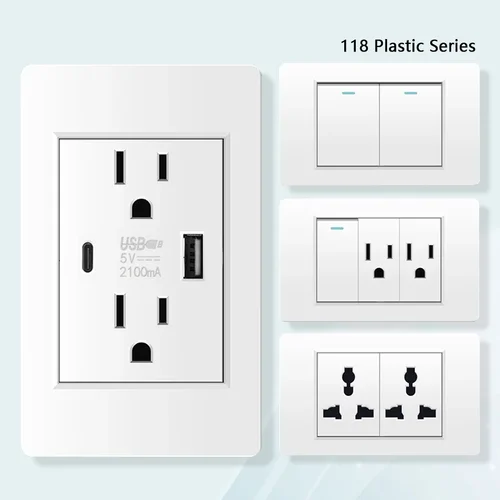 Imagen 1 del producto Toma de corriente doble USB tipo C de pared estándar americano, toma de Panel de PC con interruptor de luz estadounidense, enchufe mexicano doble de 15A con carga USB