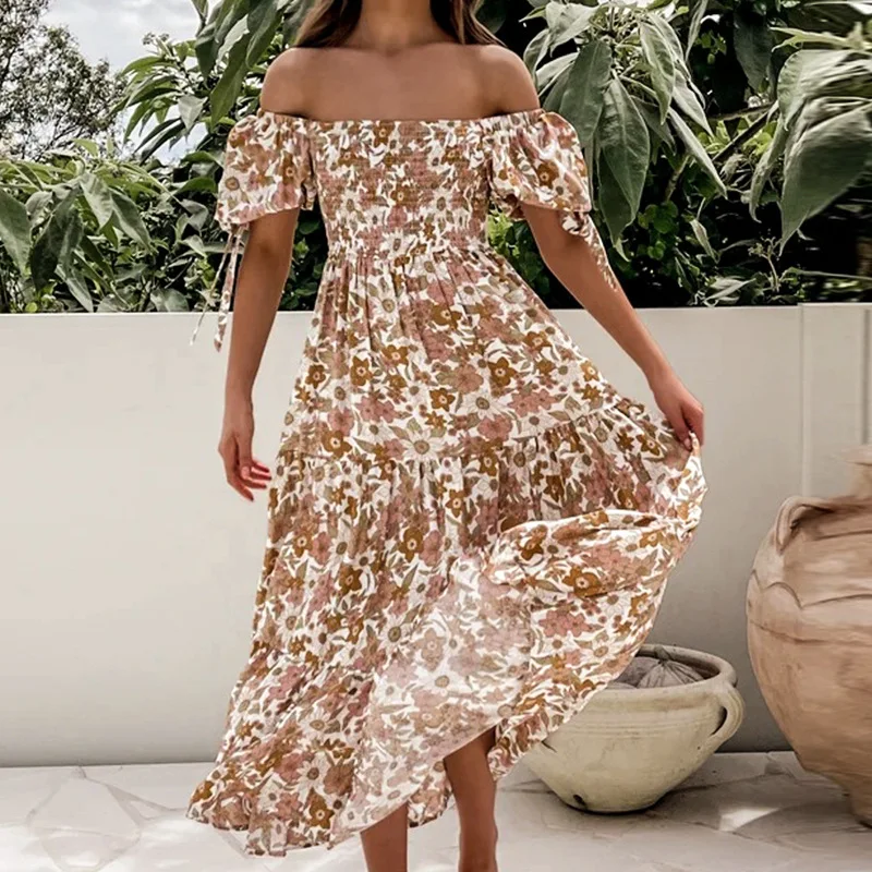 HMR-Spring and Summer New Women's New Slim Fit Wide Hem Printed Long Dress Beach Dress